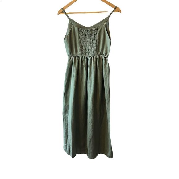 NWT THEKORNER Khaki Green Linen Long Blend Dress - Picture 3 of 10